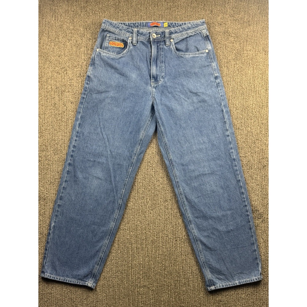 Empyre Mens 30 Jeans Loose Fit Denim Skate Embroidered Alley Cat Streetwear Blue